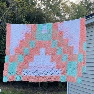 Handmade Crochet Afghan Blanket Peach Mint Green Pastel Large Throw
